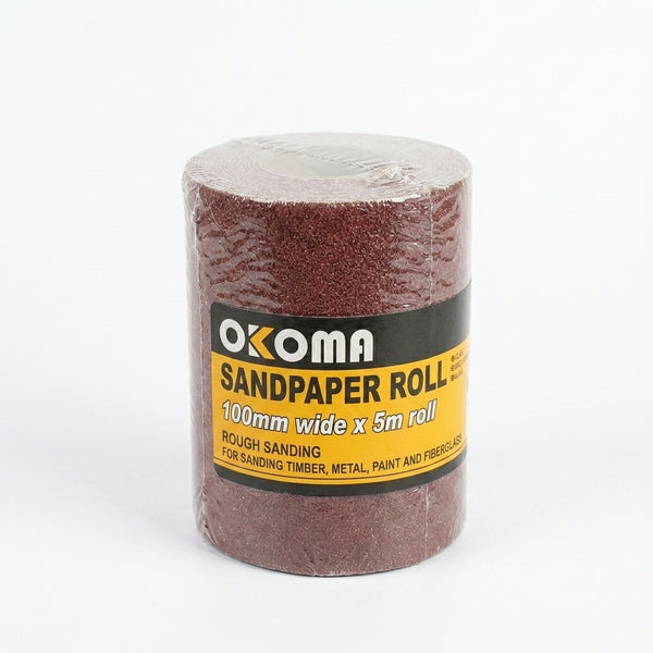 100mm x 5m Sandpaper Roll packaged for sanding wood, metal, and paint. Ideal for professional finishing.