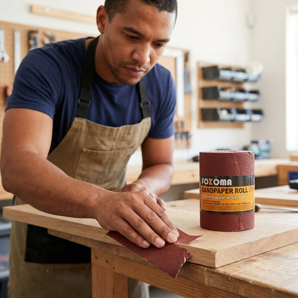 Man sanding wood with 100mm x 5m Sandpaper Roll in a workshop for DIY projects.