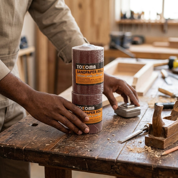 100mm x 5m Sandpaper Roll stacked on a wooden workbench with woodworking tools in the background.
