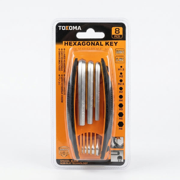 8 Piece Portable Folding Hex Key Tool set packaged with metric sizes for easy assembly and maintenance of household fixtures.