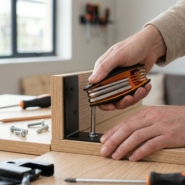 A person using the 8 Piece Portable Folding Hex Key Tool to assemble furniture with screws and bolts.