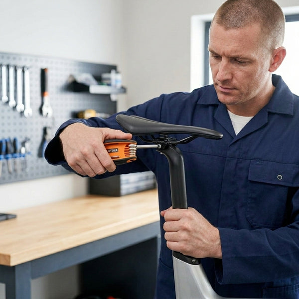 Man using 8 Piece Portable Folding Hex Key Tool to adjust bicycle seat in workshop.