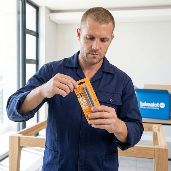 User examining the High-Quality Planer Blade Set packaging in a well-lit workshop.