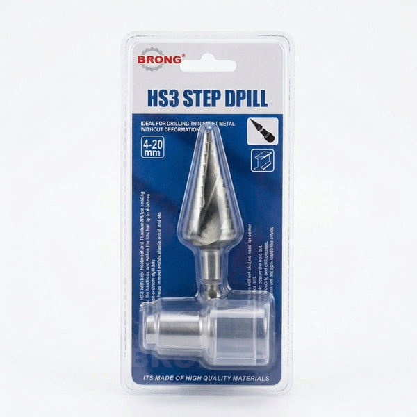 HSS Tapered Hex Shank Step Drill in packaging, designed for clean drilling in various metal types.