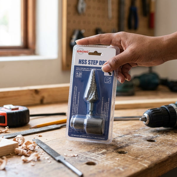 HSS Tapered Hex Shank Step Drill package held in hand with tools in background, showcasing its quality and versatility.