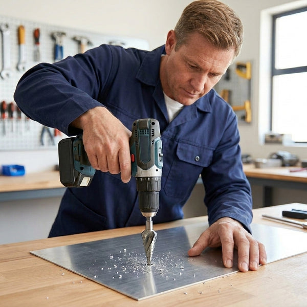 Man using HSS Tapered Hex Shank Step Drill on metal surface in workshop.