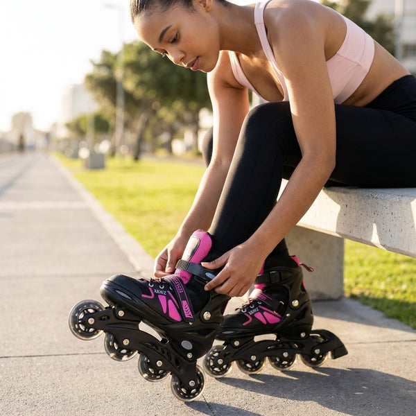 A woman adjusting her Adjustable 4 Wheel Inline Roller Skates while sitting on a bench in a park.