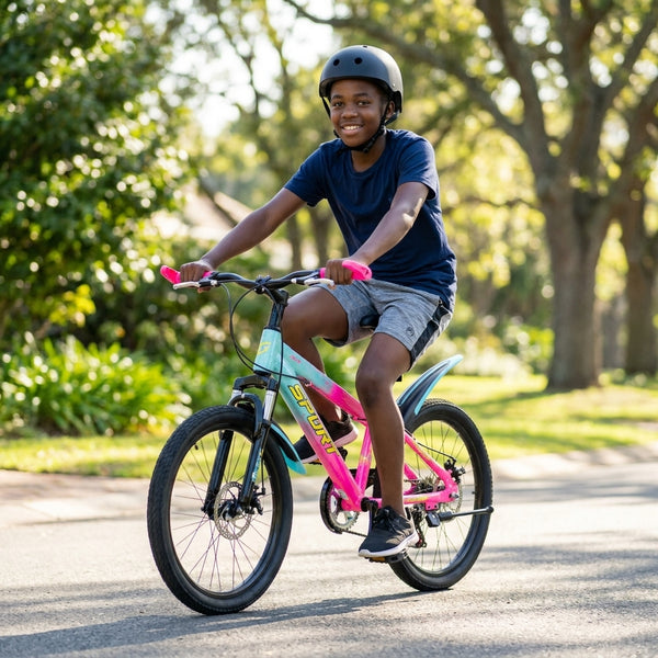 A young boy riding a Multi-Color Hardtail Mountain Bike on a sunny trail, wearing a helmet and enjoying his ride.