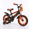 Carbon Steel Kids Training Bike in black and orange with superhero designs, suitable for young cyclists