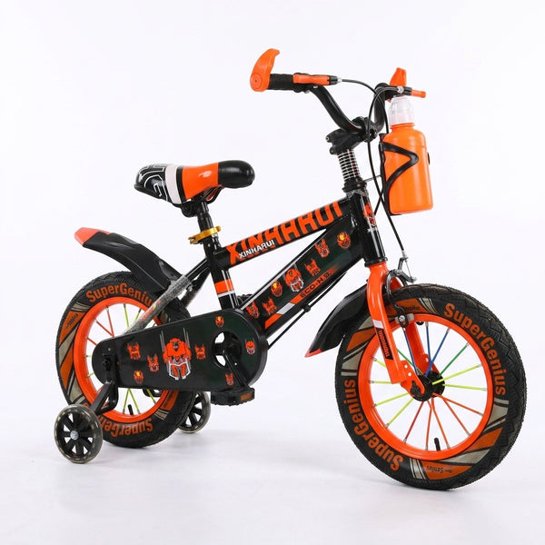 Carbon Steel Kids Training Bike in black and orange with superhero designs, suitable for young cyclists