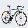 Single Speed Aluminium Alloy Fixed Gear Bike in silver with blue handlebars, suitable for city riding and racing.