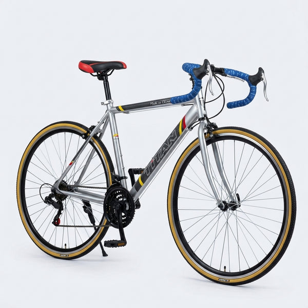 Single Speed Aluminium Alloy Fixed Gear Bike in silver with blue handlebars, suitable for city riding and racing.