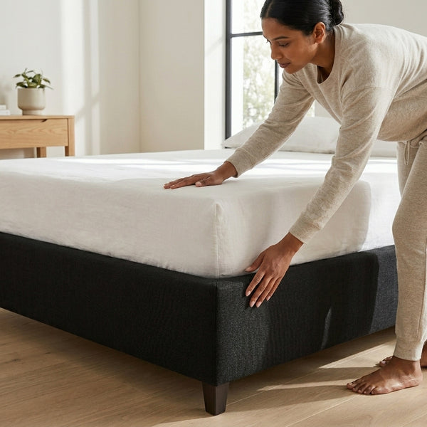 1.5M Heavy-Duty Bed Base being adjusted by a person in a modern bedroom setting.