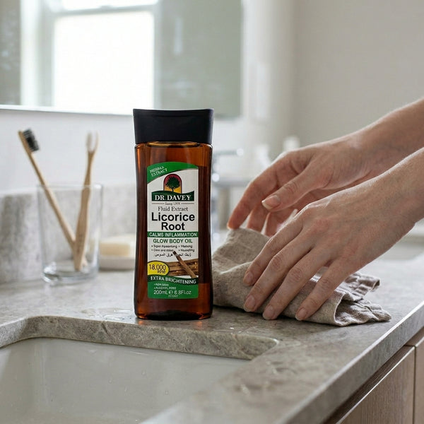 Deep Hydrating Licorice Root Glow Body Oil displayed on a countertop with hands applying the product.