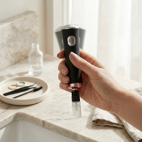Hand holding an Electric Eyelash Glue Shaker, showcasing its sleek design and functionality.