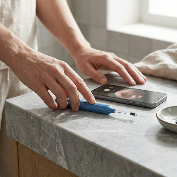 Person using Ear Wax Removal Camera Kit with LED Light next to a smartphone on a marble countertop.
