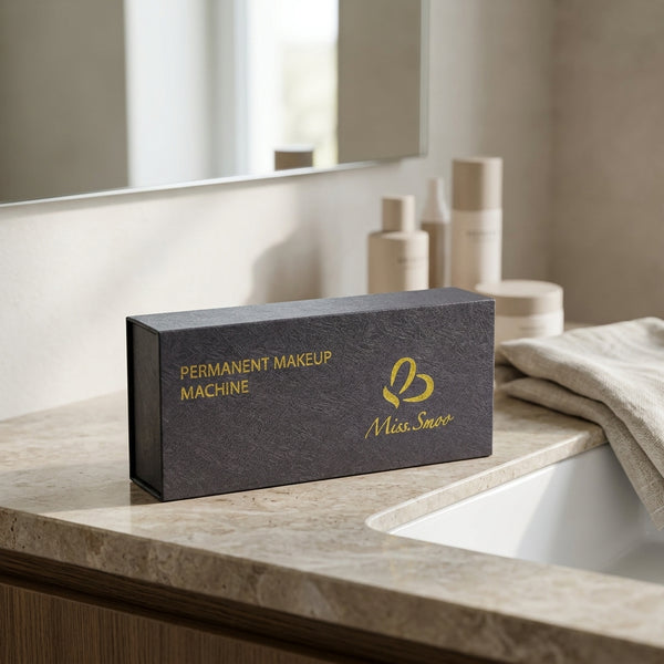 Rotary Permanent Makeup Machine Pen packaging on a countertop with elegant decor and beauty products.