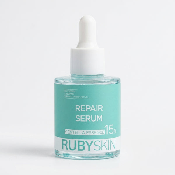 RubySkin Repair Serum 30ml in a glass bottle with dropper, designed for skin hydration and repair.