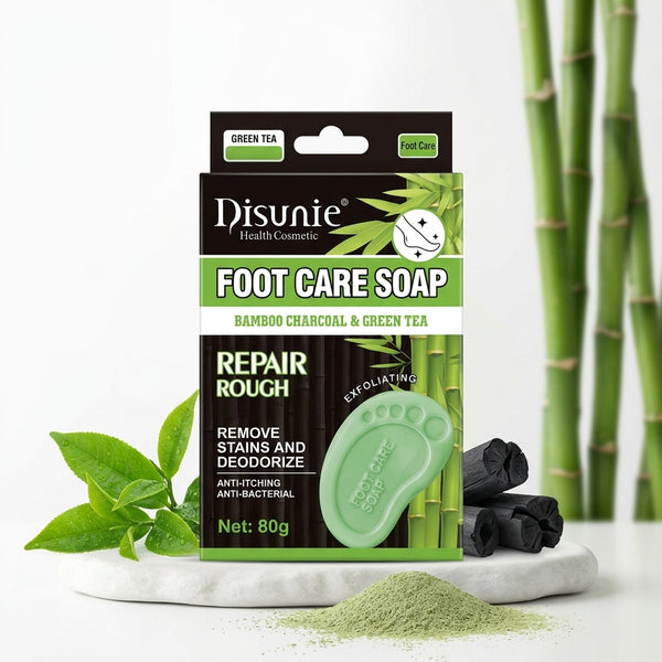 Bamboo Charcoal Green Tea Foot Care Soap packaging with bamboo and green tea leaves, 80g bar for stained and odorous feet.