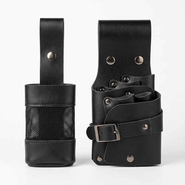 Black Leather Barber Tool Holster showcasing a sleek design with multiple compartments and a durable strap for easy access.