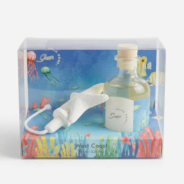 West Coast Fragrance Reed Diffuser in a beautiful packaging with ocean-themed artwork and decorative elements.