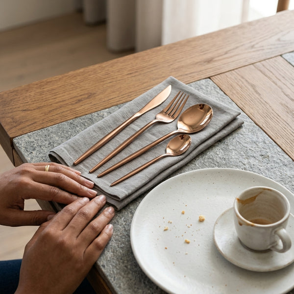 Modern Slim Handle Stainless Steel Cutlery elegantly arranged on a grey napkin on a wooden table beside a coffee cup.