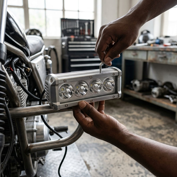 Person installing IP67 Waterproof 36W LED Linear Lighting Fixture on a motorcycle in a workshop.