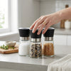 Stainless Steel Salt and Pepper Grinder alongside glass jars of salt, pepper, and mustard seeds on a kitchen counter.