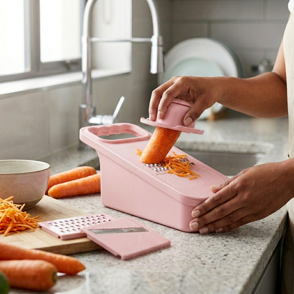 A person using the 3 in 1 Multi-Functional Vegetable Slicer Chopper to shred carrots in a kitchen.