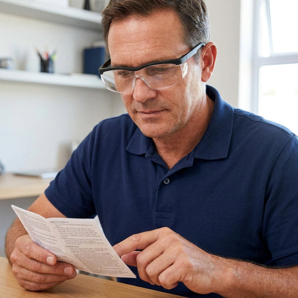 Man using Magnifying Eyewear with Transparent Display Box to read instructions at a desk.