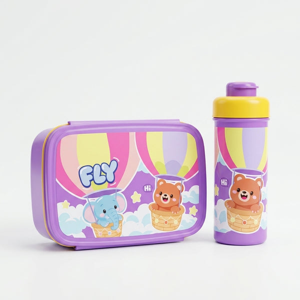 BPA Free Kids Water Bottle and Bento Lunch Box with colorful cartoon animal designs.