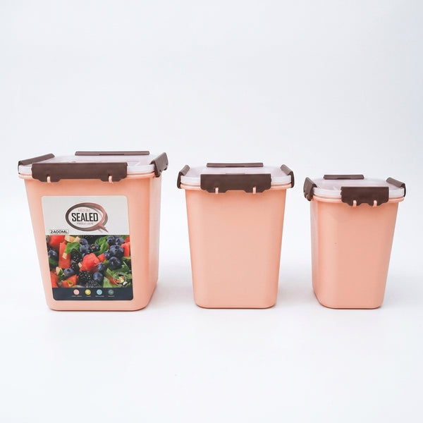3 Piece Sealed Fresh Box Plastic Storage Container Set in three sizes for organized food storage.
