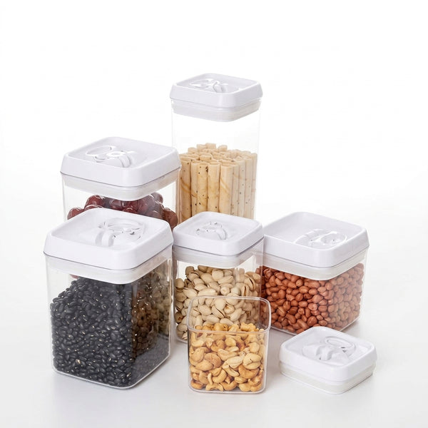Easy Button Round Kitchen Storage Jar set with various dry ingredients in clear containers.