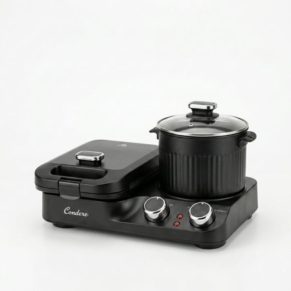5-in-1 Multifunctional Mini Breakfast Machine in black with a pot and grill plate for versatile cooking.