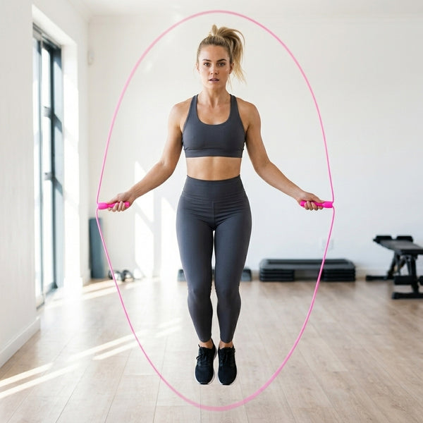 Woman jumping with Adjustable Fitness Skipping Rope with Non-Slip Handles in a gym setting.