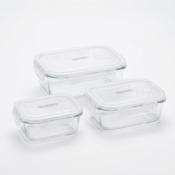 High Borosilicate Microwaveable Glass Lunch Box set of three sizes for food storage and meal prep.