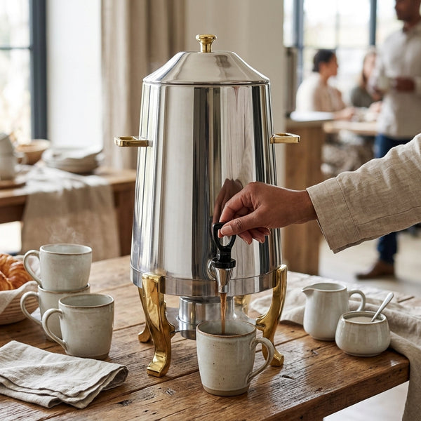 Stainless Steel Juicer Coffee Maker displayed on a wooden table with mugs and people in the background enjoying coffee.
