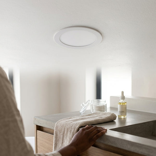 6W Round LED Surface Panel Light installed in modern indoor setting with countertop and personal care products.