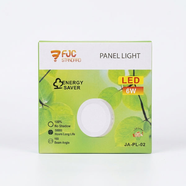 6W Round LED Surface Panel Light packaging featuring energy-saving design and details about its features.