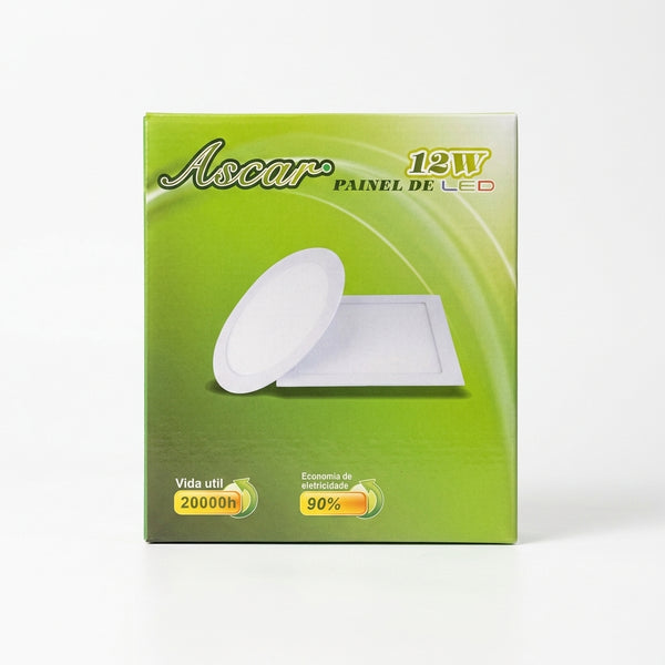 12W Round LED Surface Panel Light box packaging featuring a modern design and energy efficiency details.