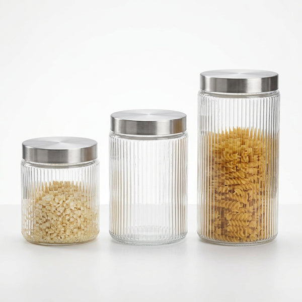 Ribbed Glass Airtight Food Storage Jar trio showcasing organized and moisture-proof storage for pantry essentials.
