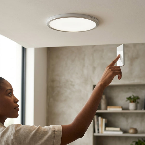 A person adjusting the light switch for a 12W Round LED Surface Panel Light on a modern ceiling.