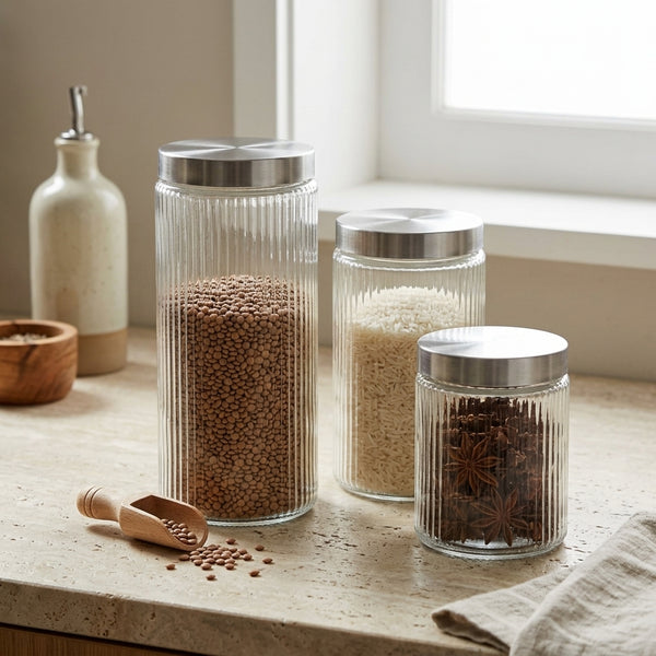 Ribbed Glass Airtight Food Storage Jar displayed with different contents including lentils, rice, and spices.