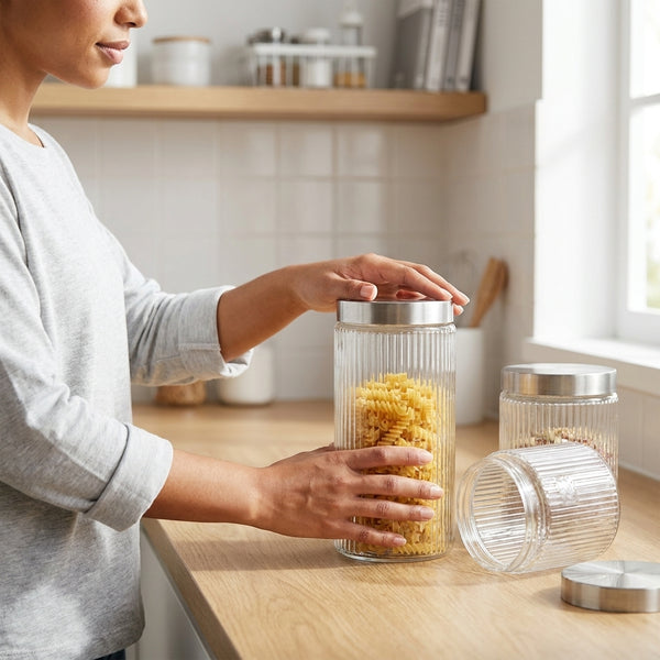 Ribbed Glass Airtight Food Storage Jar being used to store pasta on a kitchen countertop.