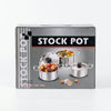 Stainless Steel Round Stock Pot with Lid packaging featuring high-quality cookware suitable for soups and stews.