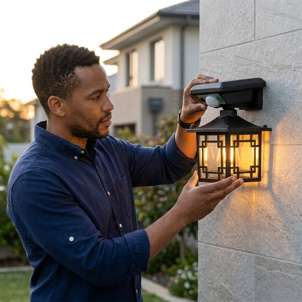 Outdoor Solar Lamp Waterproof Human Induction Light being installed by a man outdoors, showcasing its practical design and functionality.