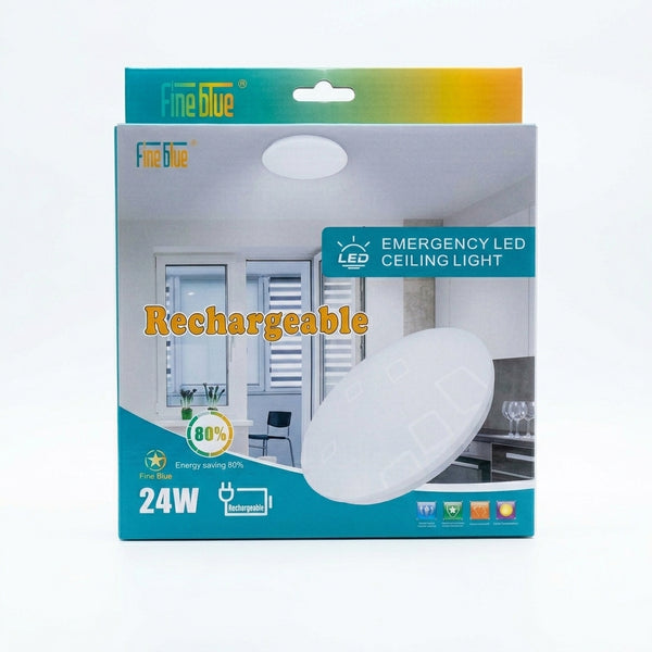 24W Rechargeable Emergency LED Ceiling Light packaging with clear design and features highlighted.