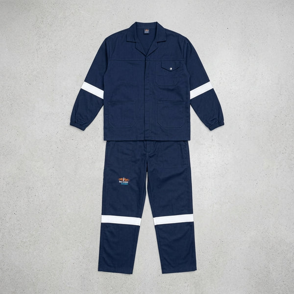Poly Cotton Conti Overalls 2-Piece with Reflective Tape set displayed on a gray surface for work wear visibility and durability.