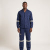 Poly Cotton Conti Overalls 2-Piece with Reflective Tape worn by a model in navy blue.
