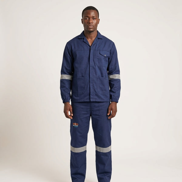 Poly Cotton Conti Overalls 2-Piece with Reflective Tape worn by a model in navy blue.